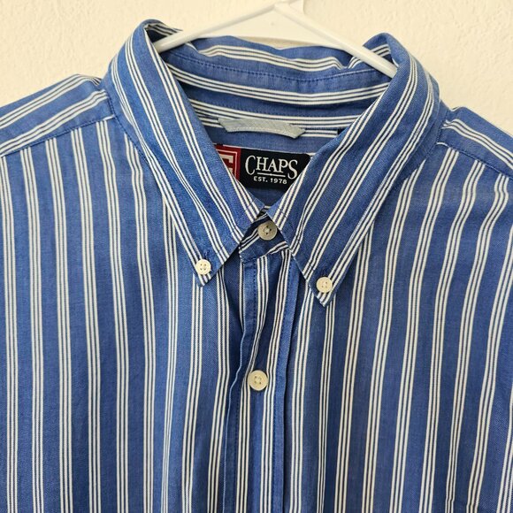 CHAPS Men's XXL Blue Striped Shirt 100% Cotton Long Sleeves Button Down - Picture 5 of 5